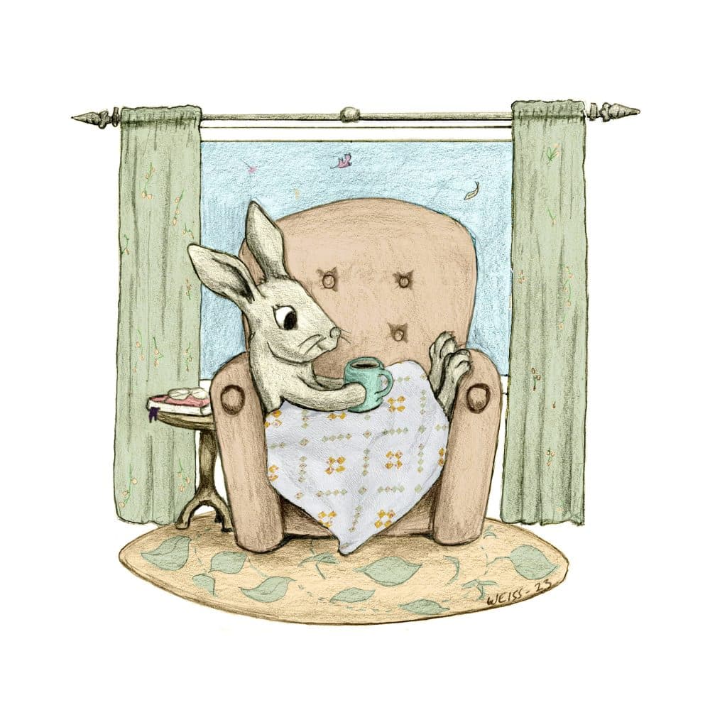 Illustrated bunny drinking tea under quilt in cozy chair, Heart Lake Quilts logo design, whimsical quilting inspiration.